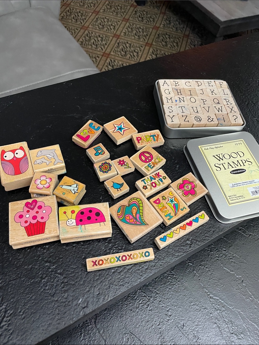 Wood Stamp Set with Colorful Pink and Multicolor Designs